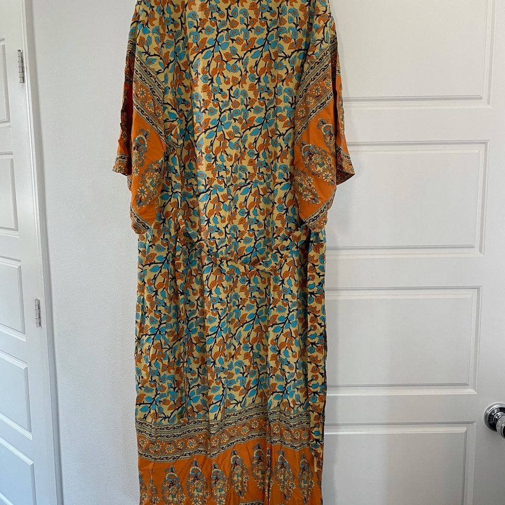 Boho Mustard floral Print Kimono Belted Cover up Duster - Picture 12 of 16